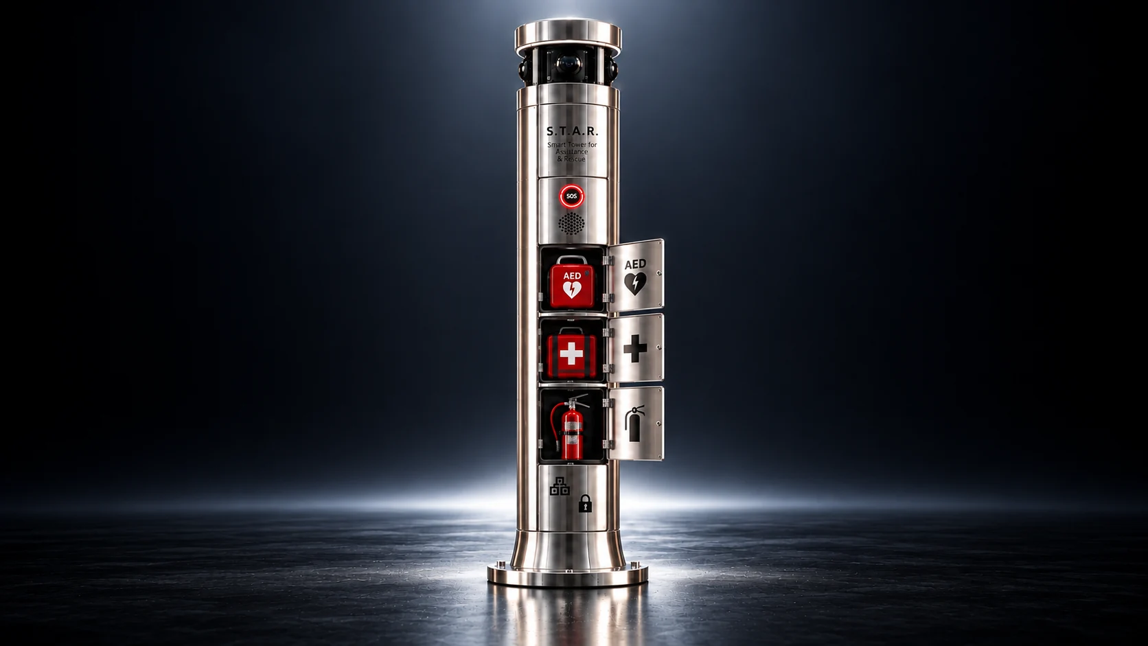 Concept rendering with AED, first-aid and extinguisher compartments